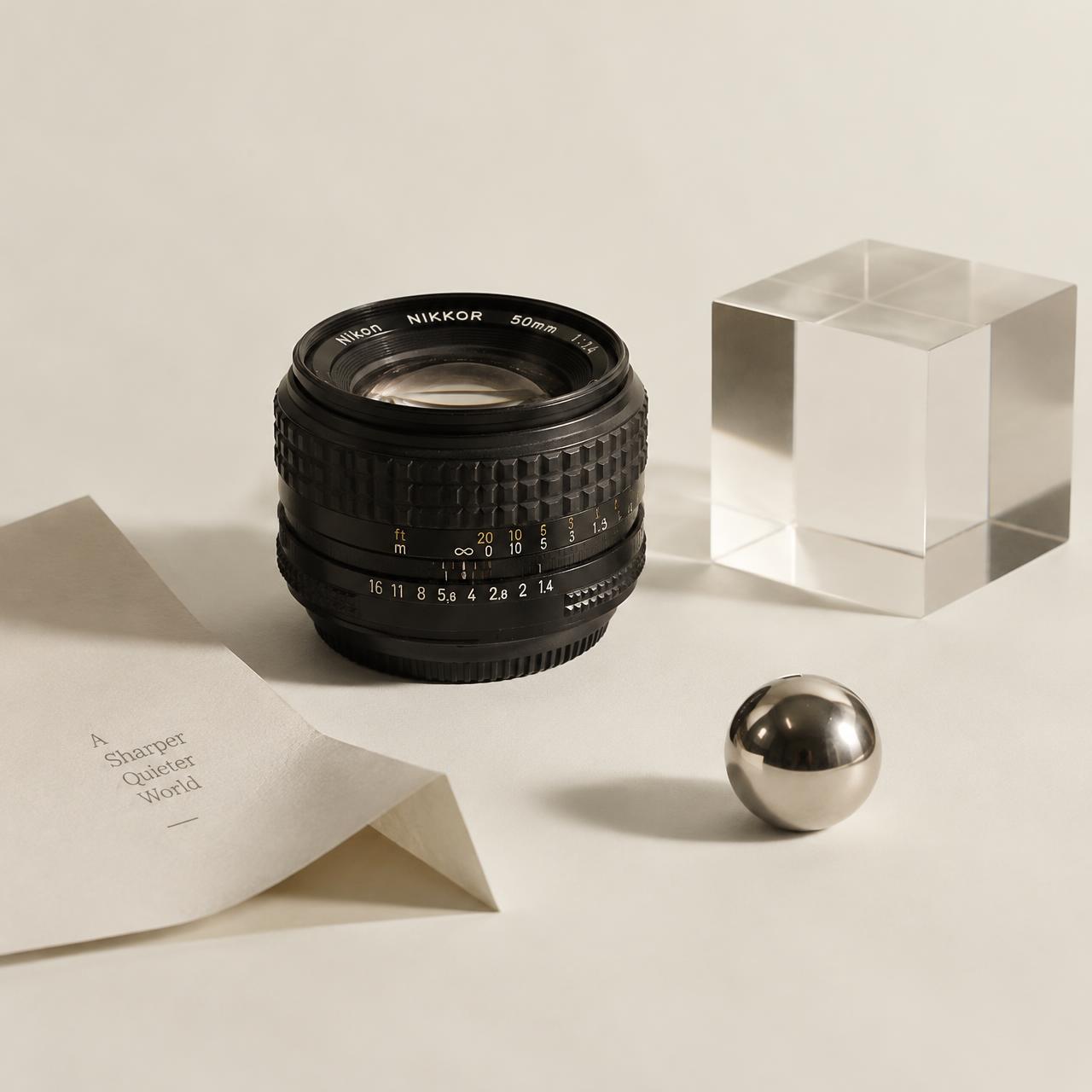 Camera lens, glass cube and chrome sphere arranged in a studio